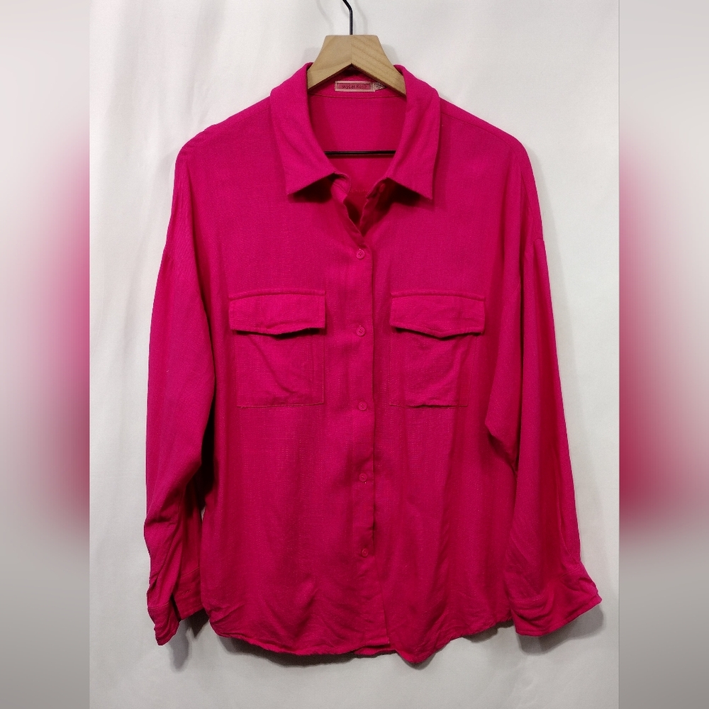 Skylar Rose Button-Up Shirt Womens L Pink Barbiecore Office Career Retro Holoday